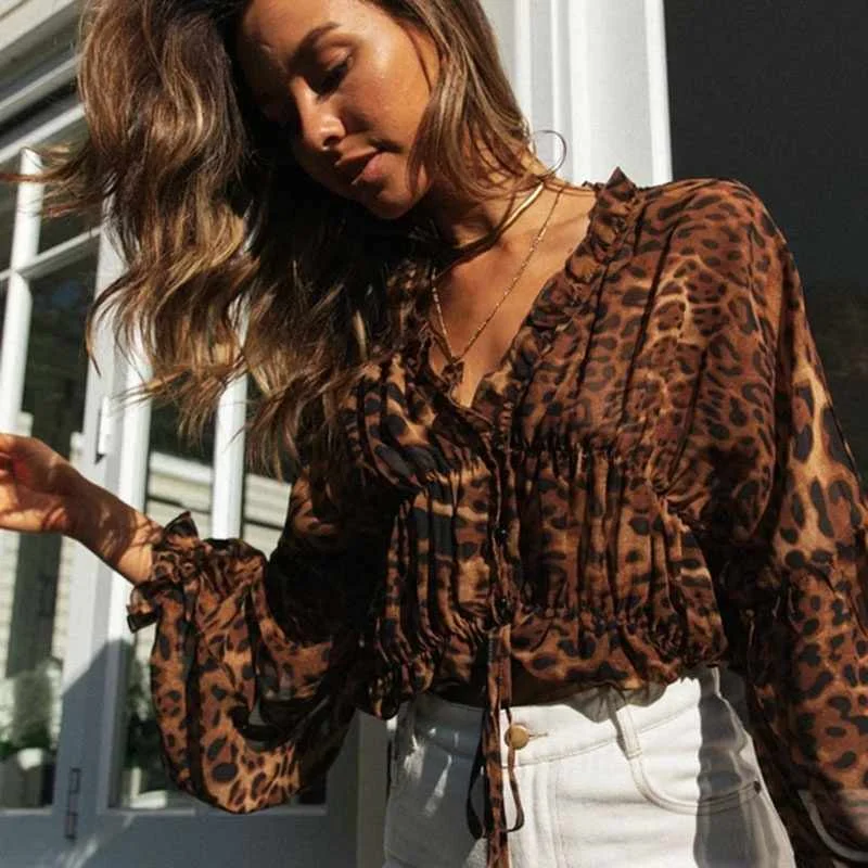 

autumn winter new leopard print women's sexy shirts wide long sleeve ruched cardigan chiffon tops and blouse for women