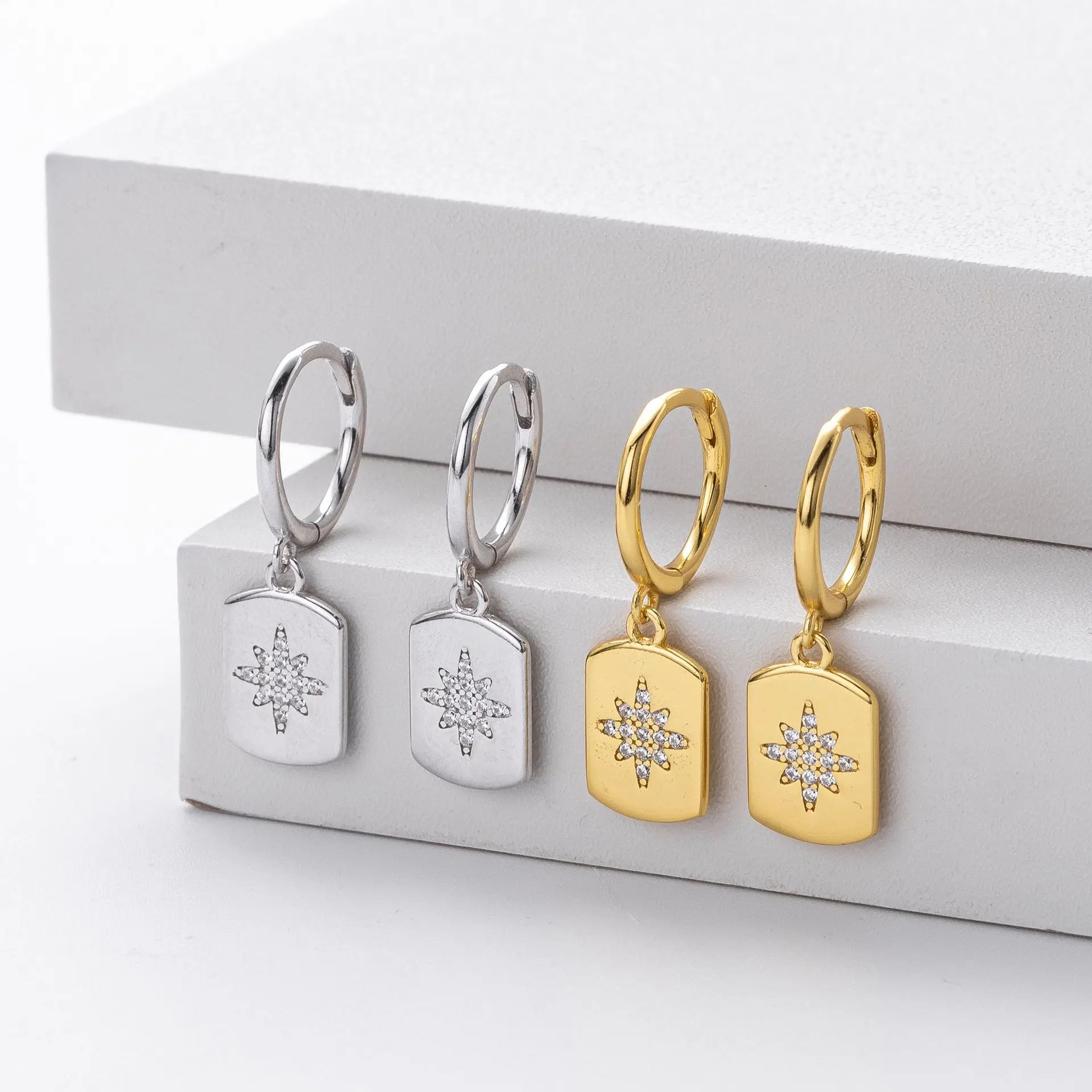 Fine Jewelry Earrings 925 Sterling Silver Diamond Earrings square Star Pendant Gold Plated Hoop Earrings Women