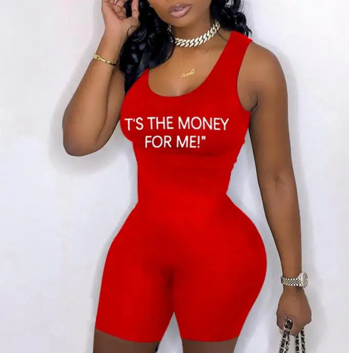 

2021 new jumpsuits women summer shorts bodysuits its the money for me letters rompers sleeveless skinny rompers