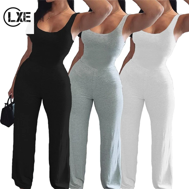 

LXE657 Casual Loose Sports Rompers Bodysuit Solid Color Summer Wide Leg Flare One Piece Women Jumpsuit, Picture