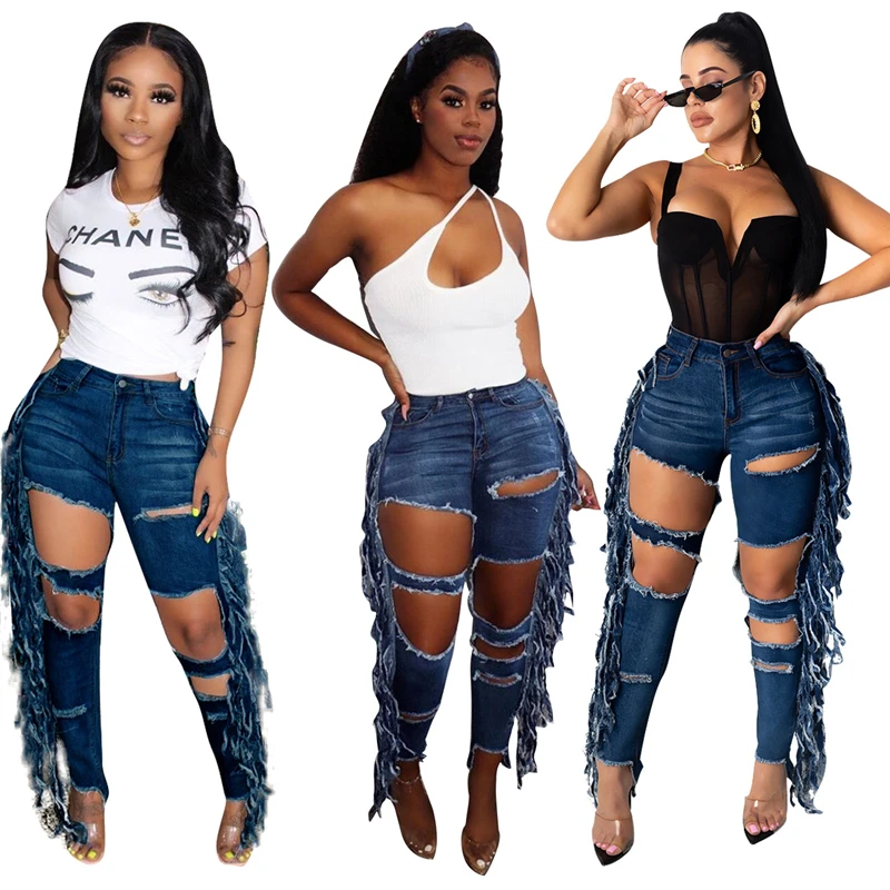 

Fashion Women's Ripped Jeans Pants Water-washing Ripped Tassel Jeans Fabrics Denim Skinny High Waisted Jeans For Girls