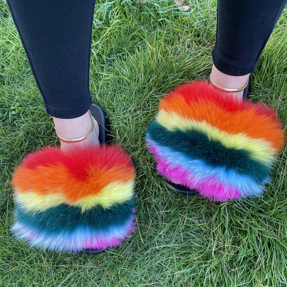 

2020 china wholesale women's designers custom logo fluffy plush real fox fur raccoon fur slippers ladies fuzzy slides for women, As picture show or customized