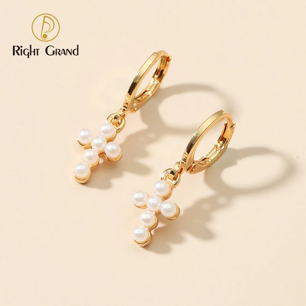 

New Fashion Copper Earring Jewelry 18K Gold Plated Imitation pearls Cross Drop Earrings For Women