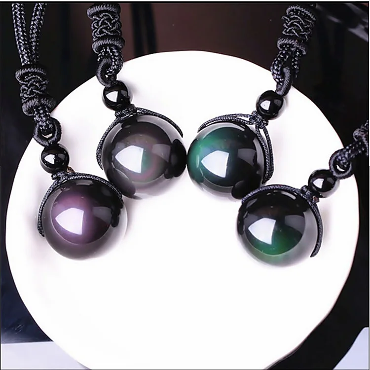 

Natural stone multicolor obsidian rainbow eyes bead pendant with rope necklace crystal round beads necklace for men women