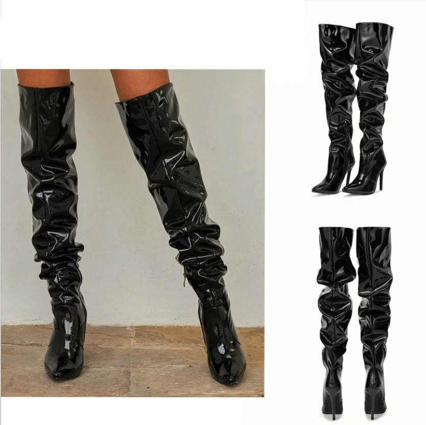 

Stretch Over the Knee Boots 2021 New pointy patent leather high tube black zipper high heel boots for women, Customized