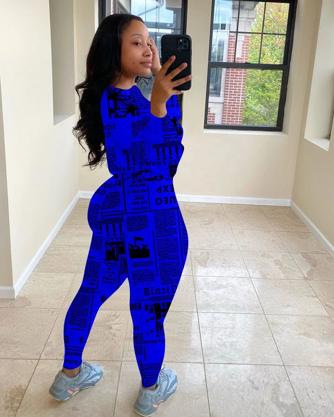 

Fashion Women Casual Yoga Gym Sport Tracksuits Sexy Skinny Solid Color Newspaper Floral Print O-neck Two Piece Pants Set Suit