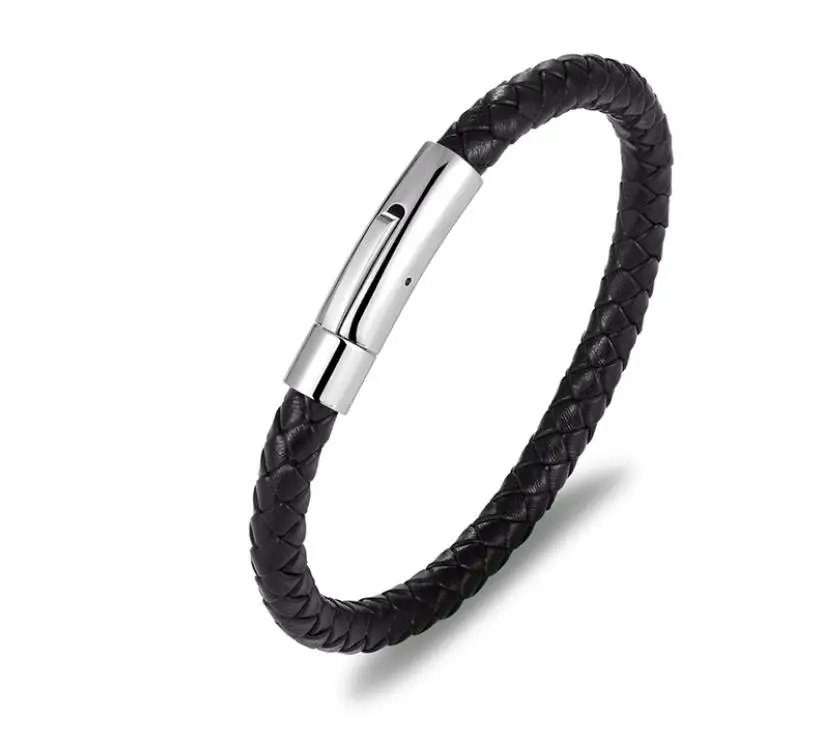 

Custom Hot Selling Mens Stainless Steel Magnetic Clasp Genuine Leather Bangle Bracelet, Silver