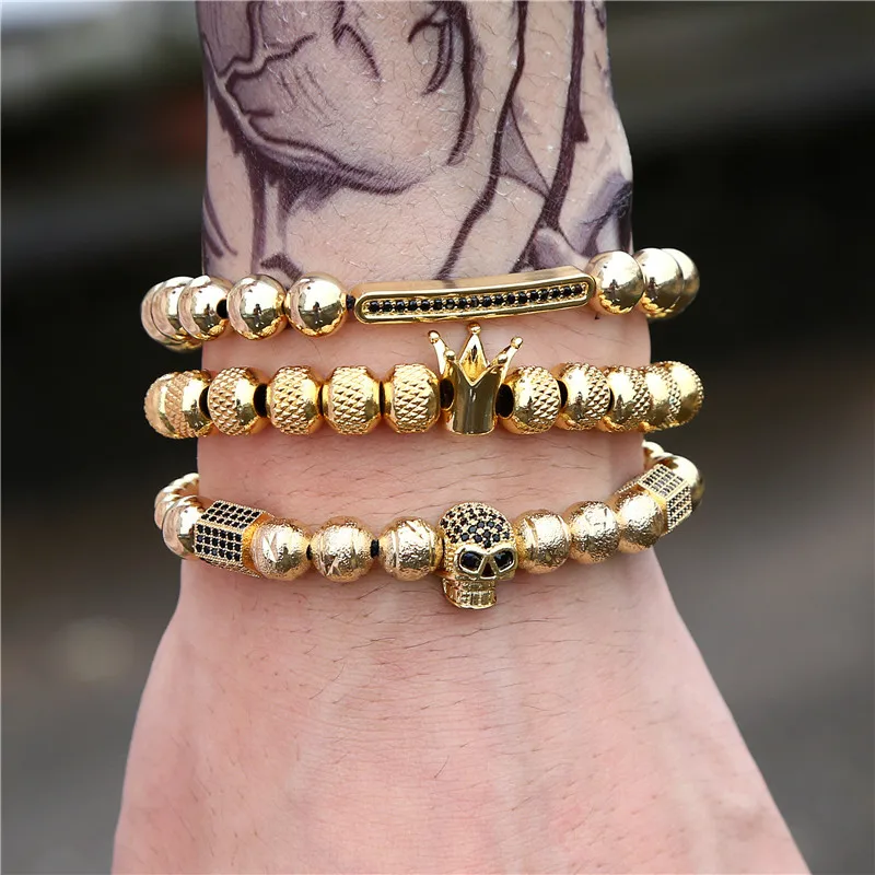 

Luxury 3pcs/set Men Braided Adjustable Bracelet Sets King Crown Beads CZ Skeleton Skull Ball Charms Bracelets Bangles (KB8312), As picture