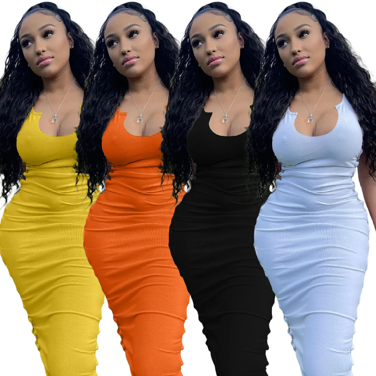 

2021 summer women clothing rib knit tank top dress sleeveless hollow out dresses women