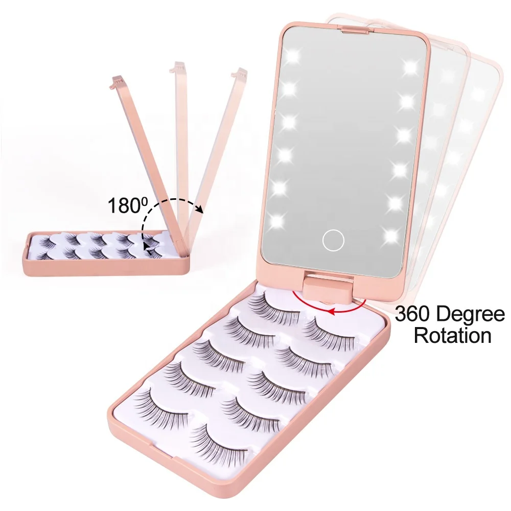 

2021 Custom Eyelash Box LED Mirror Eyelash Holder Case Eyelashes Storage Case Eye Lash Vendor Customized Boxes
