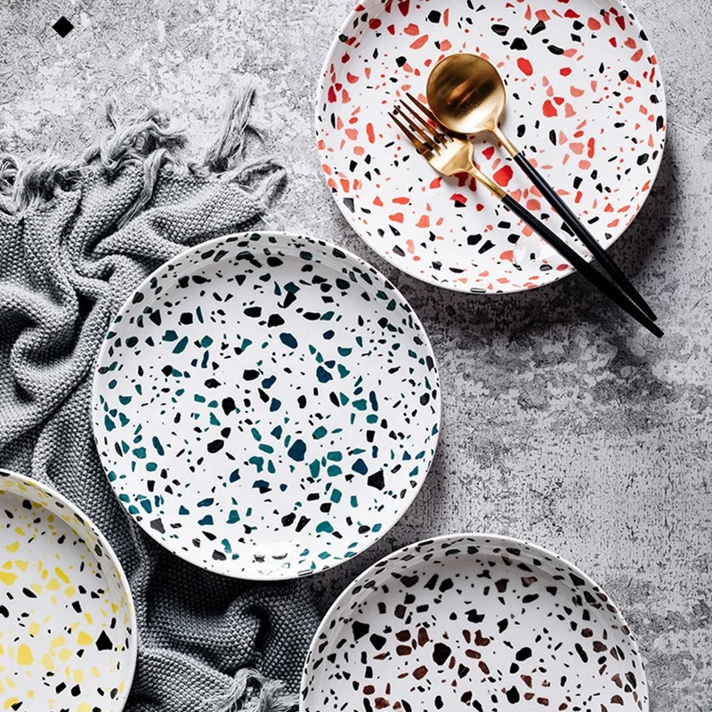 

Nordic Simple Terrazzo Stone Glaze Breakfast Plate Ceramic Tableware Casual porcelain polka dot Speckled Dinnerware Set Plate, Color glazed