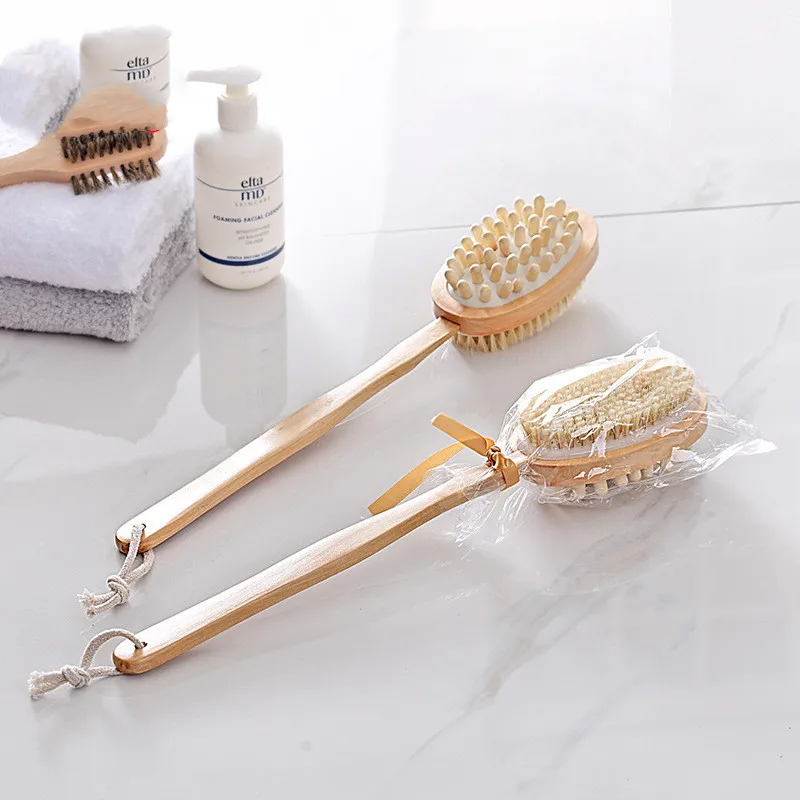 

Long Handle Double Sided Shower Brush with Soft and Stiff Bristles Wooden Bath Brush for Exfoliating Skin and Body Gentle Scrub, Natural color