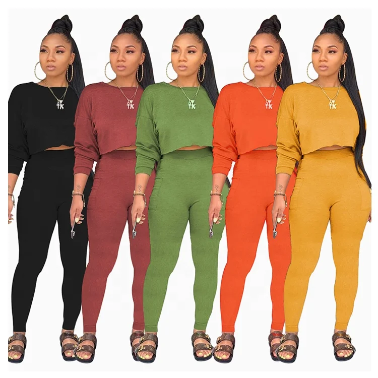 

Candy Color Fashion Fall Casual Long Sleeve Two Piece Pants Set Women Clothing, Orange,black,green,yellow,red