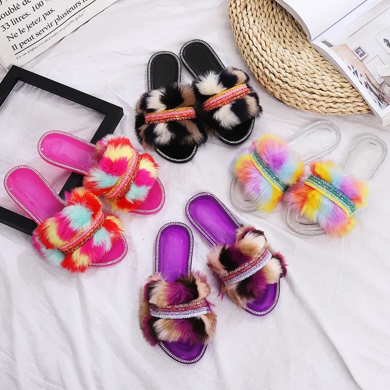 

2022 New Stylish Women Fur Slides Summer Jelly Rainbow Sandal Slippers Ladies Diamond Flat Sandals, 4 colors