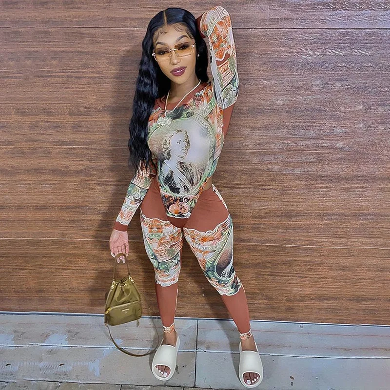 

X01632CPhoenix Pattern Printed Two Piece Sets Bodycon Women Autumn New Streetwear Bodysuit And Pants Fashion Female Matching Out, Black