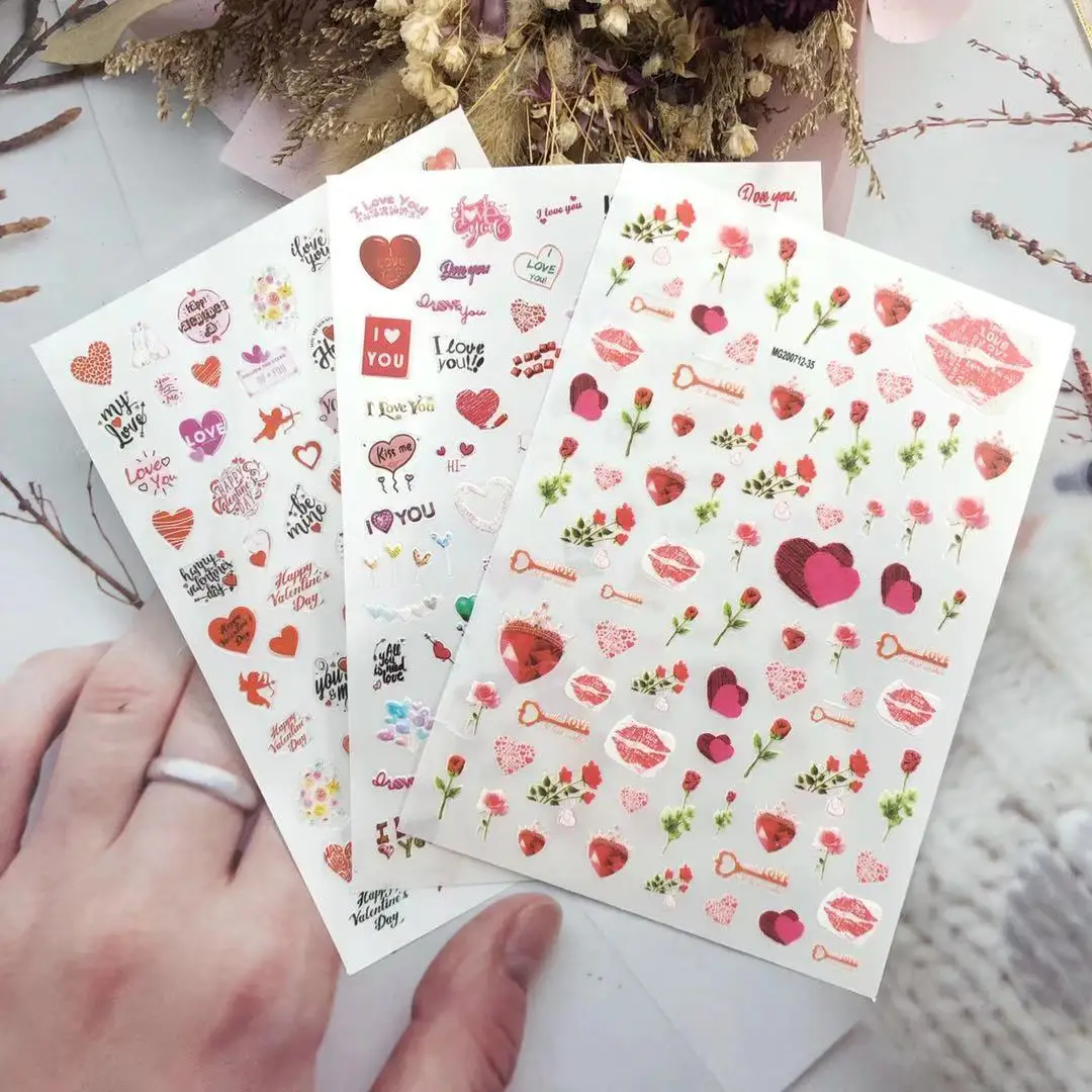 

Wholesale DIY Japanese Style ultra thin 3D stickers love designs rose heart shape red lips nail sticker for valentine's day gift, As picture show