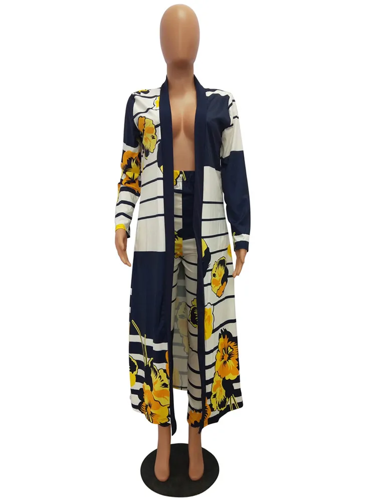 SACM202 print trendy long coat and pencil pants women casual suit ladies 2 piece set