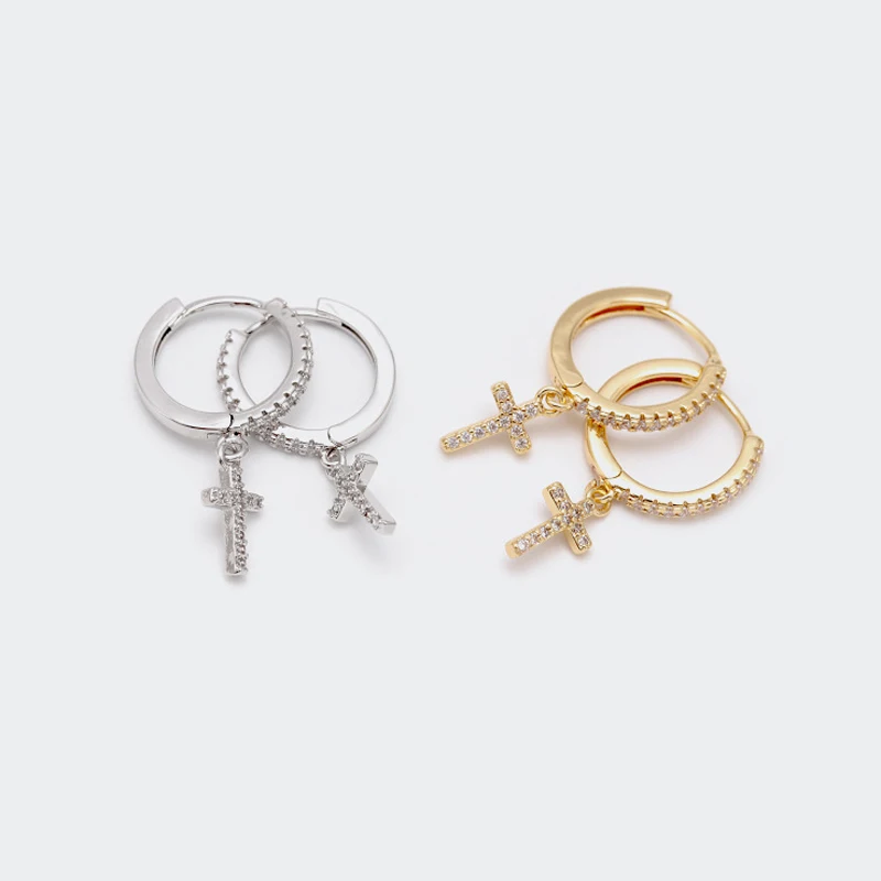 

RTS Gold Plated Copper Alloy Zircon Huggies Charm Earring cross for men, Silver, gold