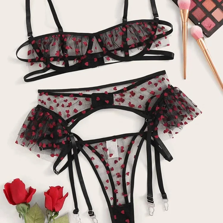 

Hot Selling Lace Heart Pattern Mesh Sexy Hollow Out Underwear Three Piece Lingerie Set for Women