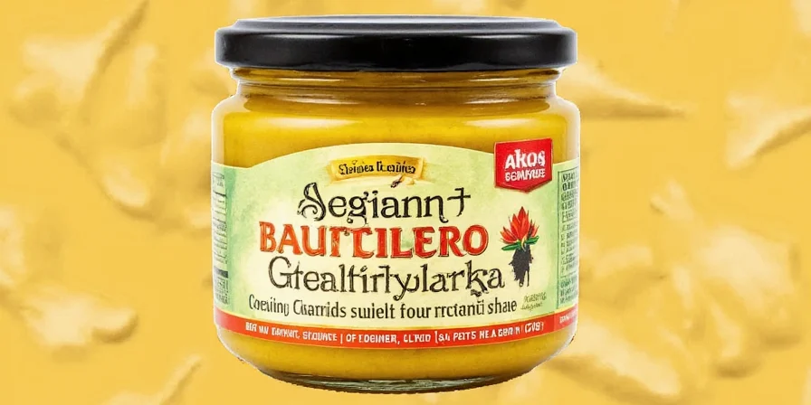 Mustard bottle front and center in a pantry