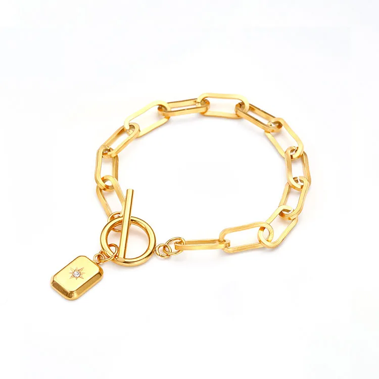 

G1979 Hot Sale Jewelry PVD Gold Titanium Steel Oval Link Chain OT Buckle Star Charm Bracelet