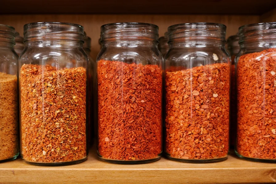 Glass jars containing different types of red pepper flakes arranged on wooden shelf