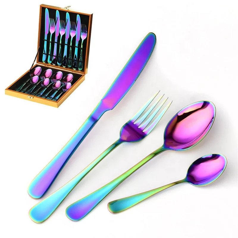 

24pcs Rainbow Cutlery Set in Gift box Kitchen Dinner Set Stainless Steel Tableware Colorful Flatware sets Fork Spoon Knife