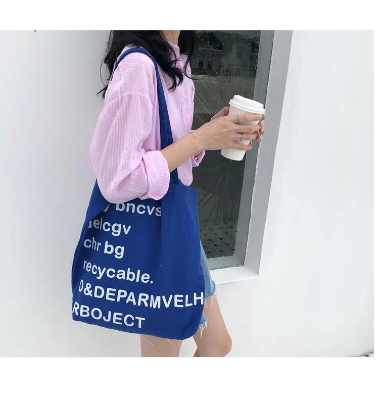 

Long shoulder tape cotton canvas custom logo printed women tote bag reusable shopping bag