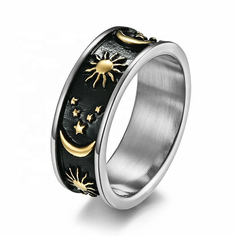 

Amazon Hot Sale Fashion Stainless Steel Ring Sun Moon Star Rings Men's Women's Couple Summer Bohemian Ring