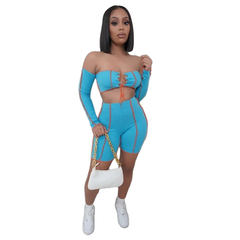 

Sexy Ladies 2 piece short pants set one-shoulder long-sleeved hollow lace-up top and shorts 2 piece set women clothing, Show