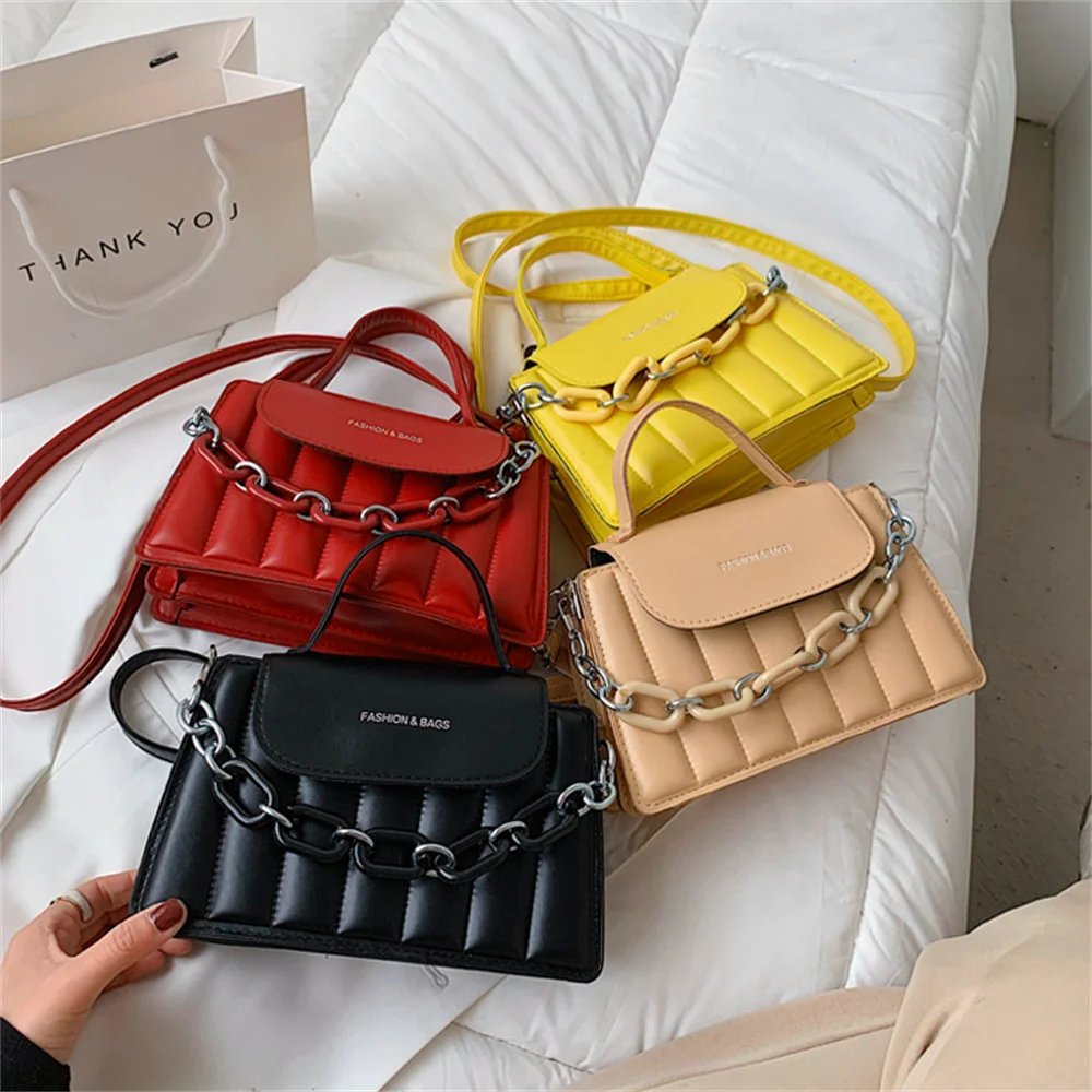 

2022 New Arrival Smooth Leather Metal Chain Double Inner layer Chic Handbag Solid Crossbody Bag For Female, Can customize