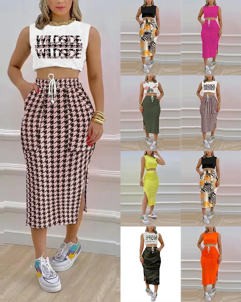 

2022 Summer New Arrivals Women's Clothing Fashion Ladies Casual Tank Top Drawstring Slit Two Piece Set Womens Skirts