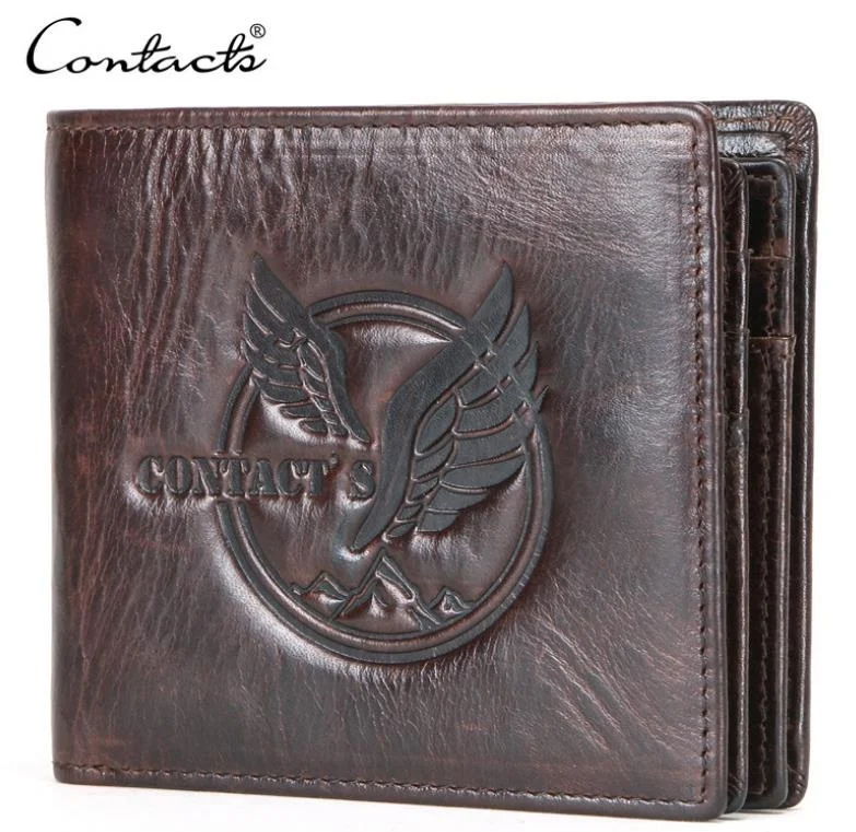 

dropship contact's wholesale vintage genuine leather tri-fold men stainless steel chain wallet with coin pocket, Brown, coffee or customized