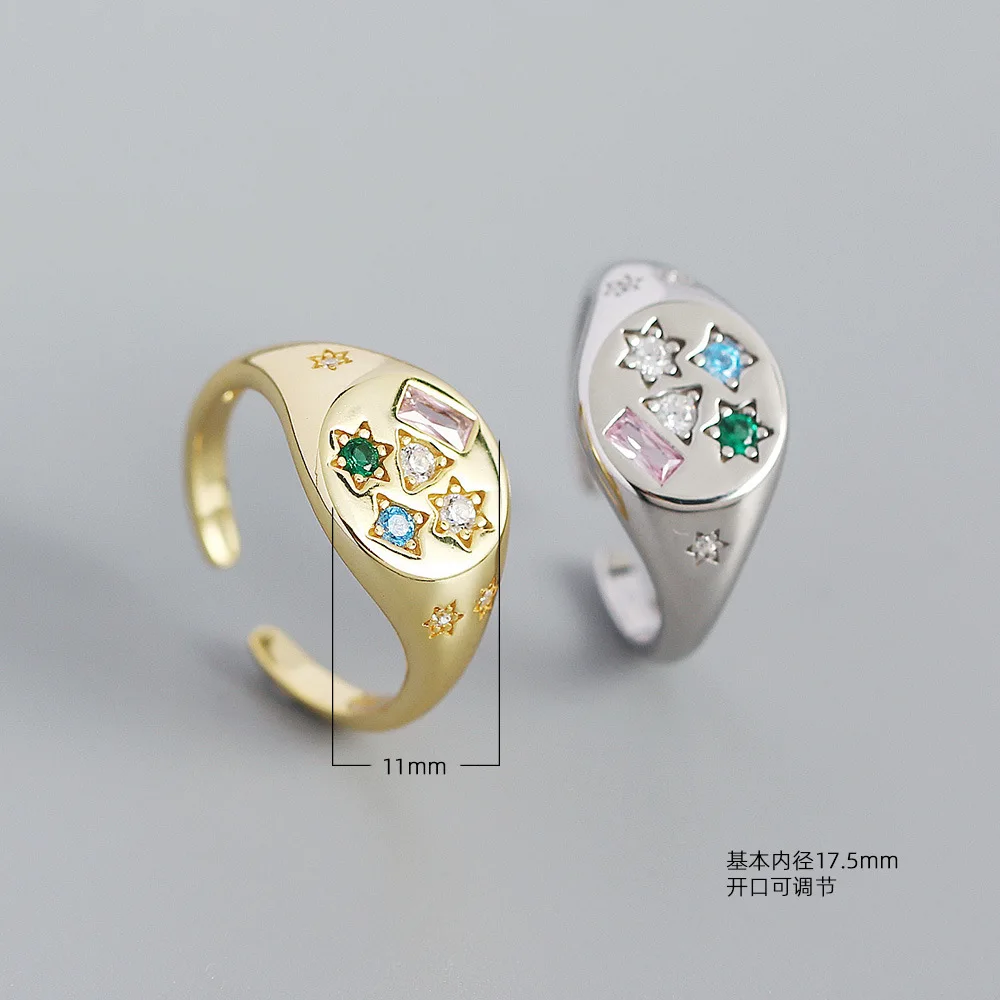 Europe and America Fashion 925 Sterling Silver Adjustable Star Colorful Stone with 18k Gold Plated Ring for Women