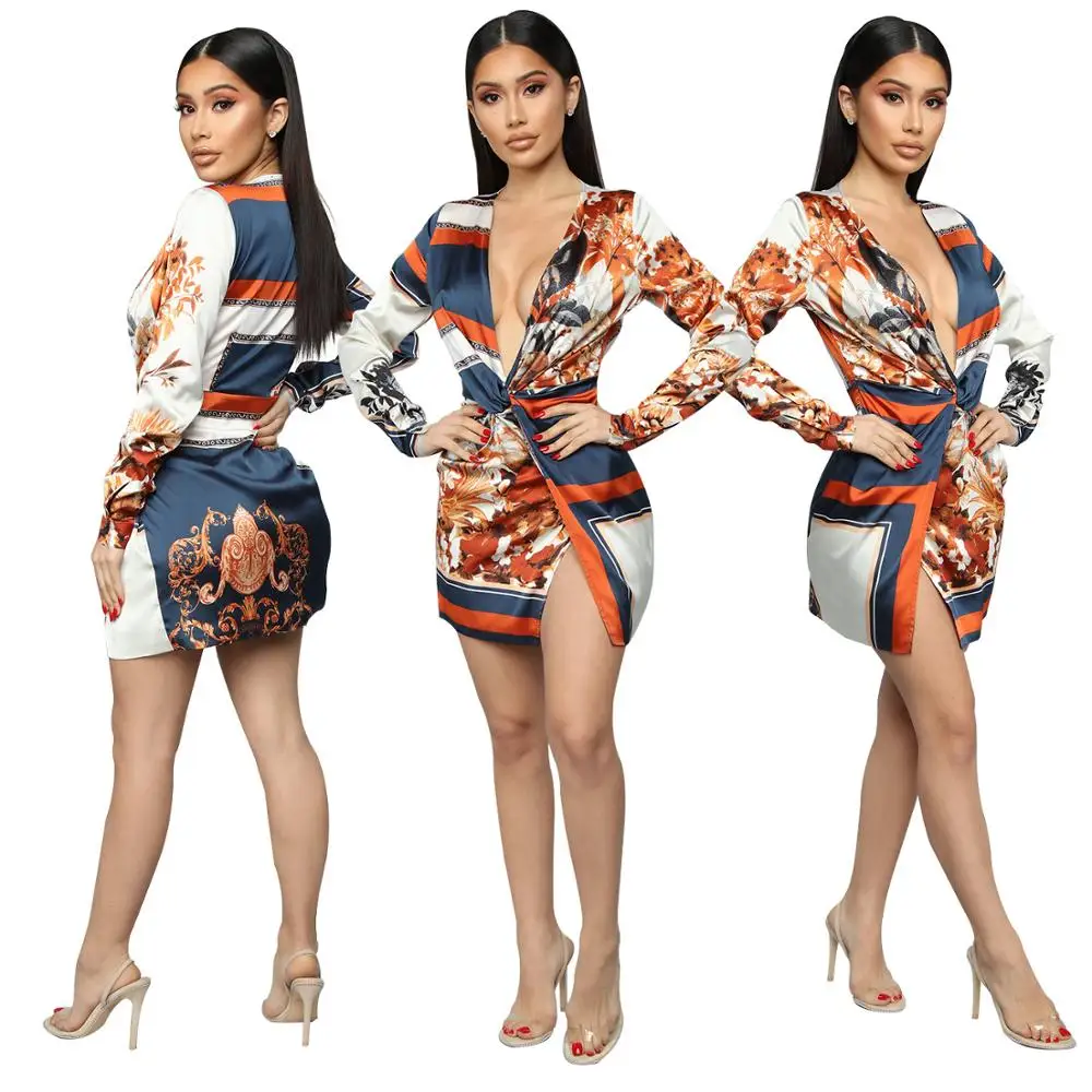 

Sexy Plunging Neck Long Sleeve Allover Flower Printed Latest Design Peplum African Fashion Dress, Customized