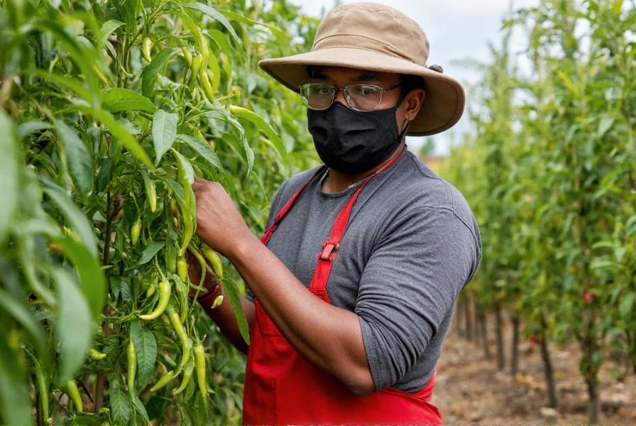 Chili pepper grower carefully harvesting Pepper X peppers wearing full protective gear