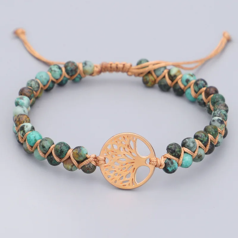 

Unisex Gold/Silver Tree of Life Charm Jewelry Turquoise Energy Natural Stone Beads Two Double Layers Bracelet For Women