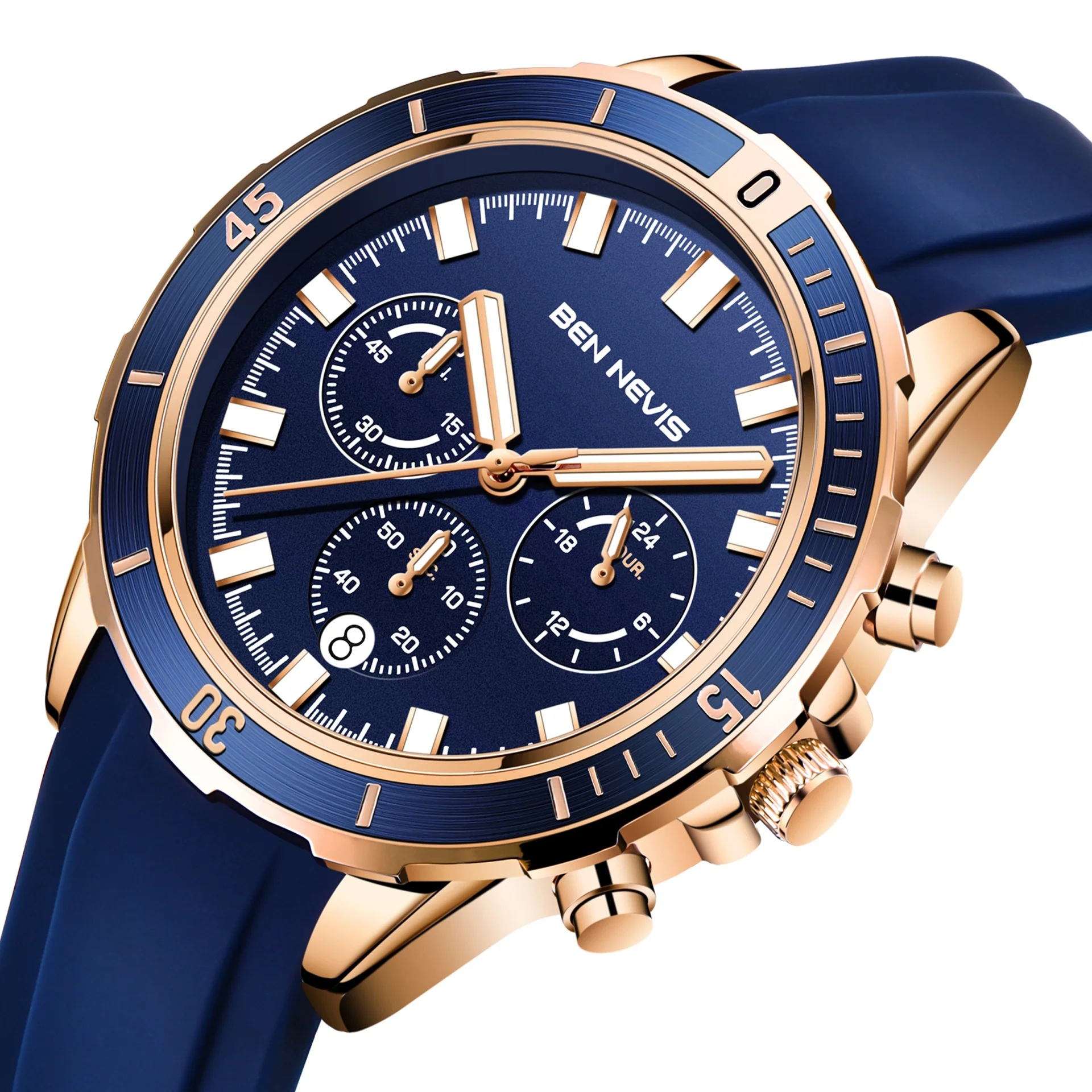 

Fashion New Style Silicone Band Blue Luminous Sports Chronograph Quartz Watches Men Wrist Herren Uhr