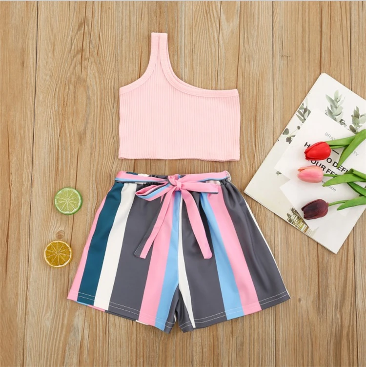 

Newest Fashion Girls Clothing Suit 2PCS Summer One-shoulder Sling Short Top Striped Pant Kid Children Girl Outfit Clothes Set