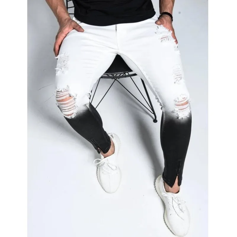 

Gradient Ripped Jeans Men Casual Slim Fit Mens Skinny Jeans Motor Biker Hip Hop Zipper Denim Pants Trousers White Black B365
