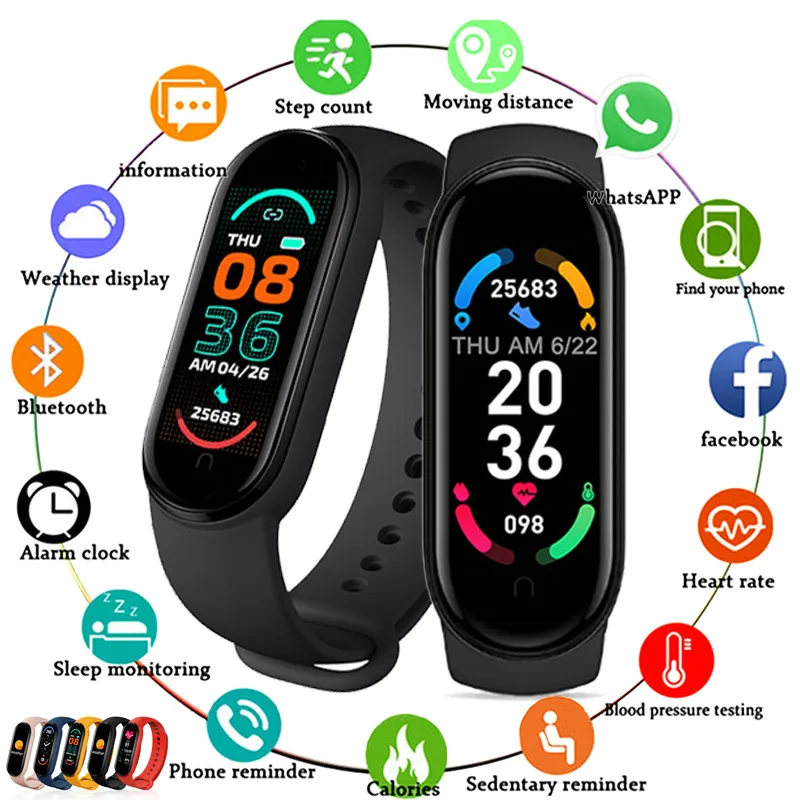 

2022 New M6 Smart Watch Strap Wristband Waterproof Sport Heart Rate Monitor Reloj Inteligente M6 Smart band Bracelet, Black/blue/red