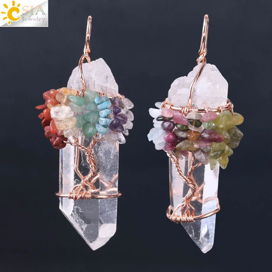 

CSJA gemstone charms 7 chakra healing crystal point tree of life pendant wholesale price F517, The color of gravel is different , color random delivery