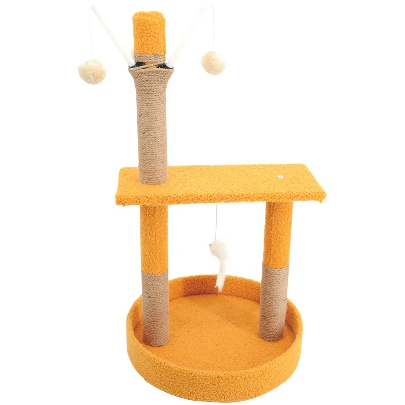 

Secure 2022 new design 2-level faux fur sisal rope scratch post pet climbing jumping frame toys wood funny cat tree cat tower