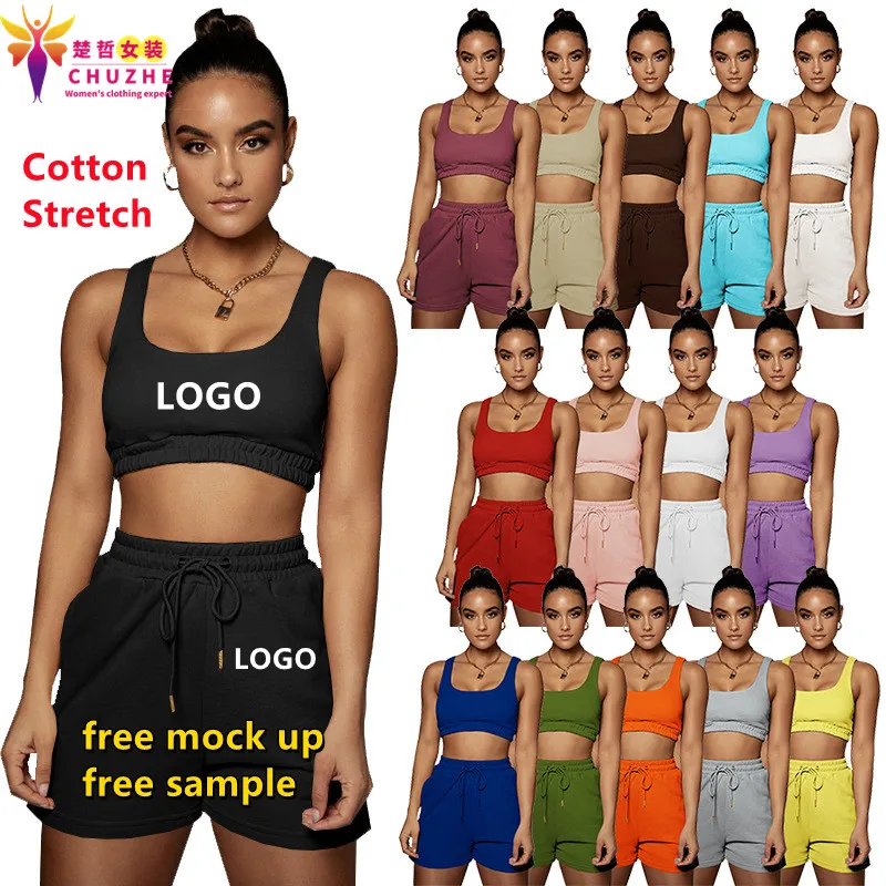 

2022 women clothes crop top vest Drawstring shorts lady 2 piece summer outfits matching jogger biker two piece summer short set, Picture color