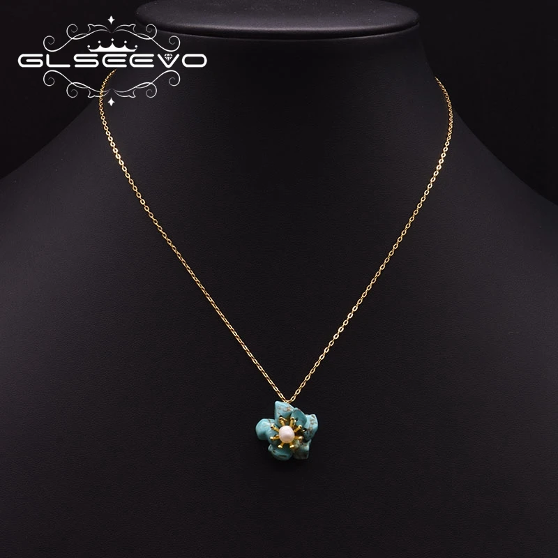 

Natural Baroque Freshwater Pearl Necklace For Birthday Gift Turquoise Flower Pendant Luxury Jewelry Necklace For Women