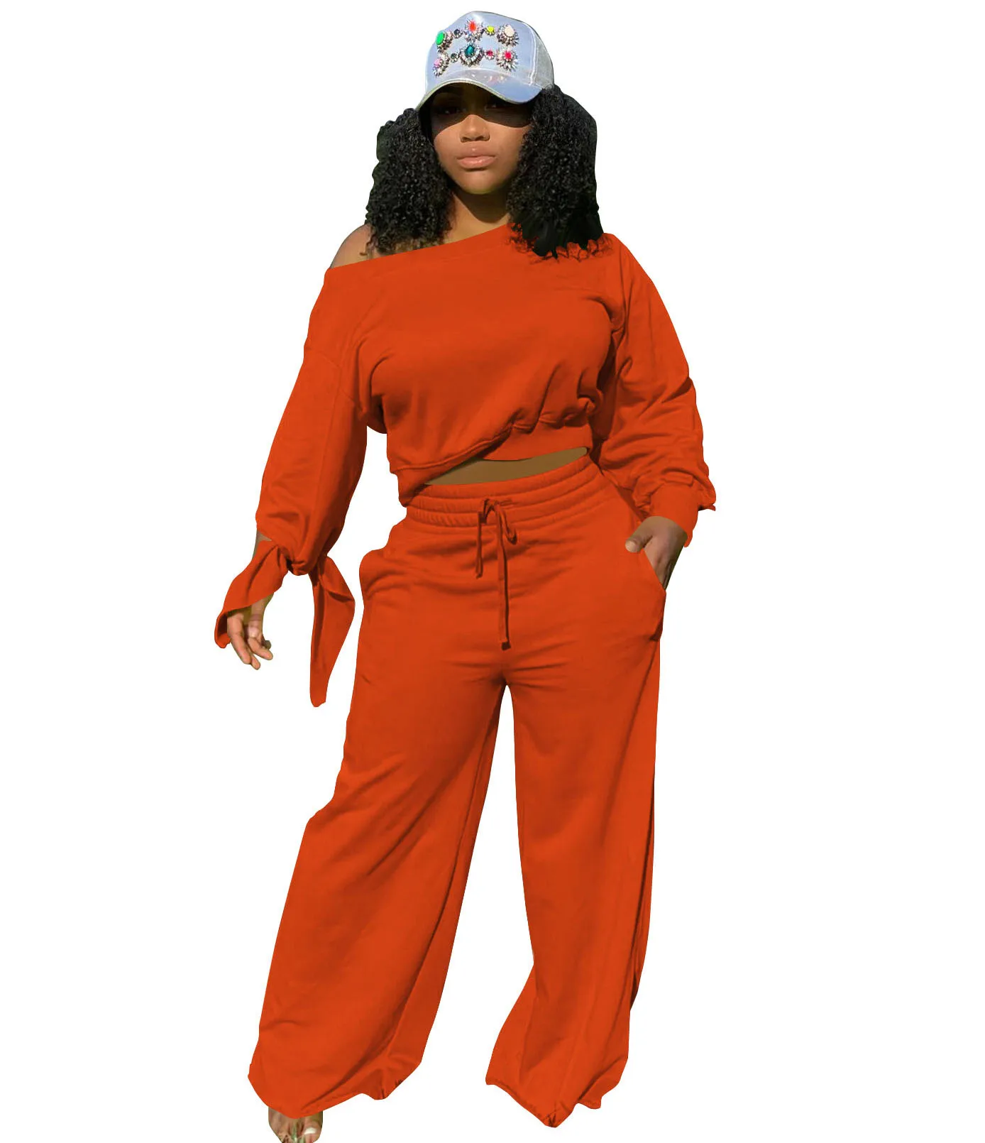 

Diagonal shoulder long sleeve casual solid sports suit women's personality loose shirt cuffknot summer suit, 10color