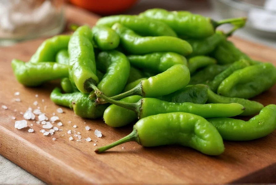 Close-up of fresh shashito peppers on wooden cutting board with sea salt