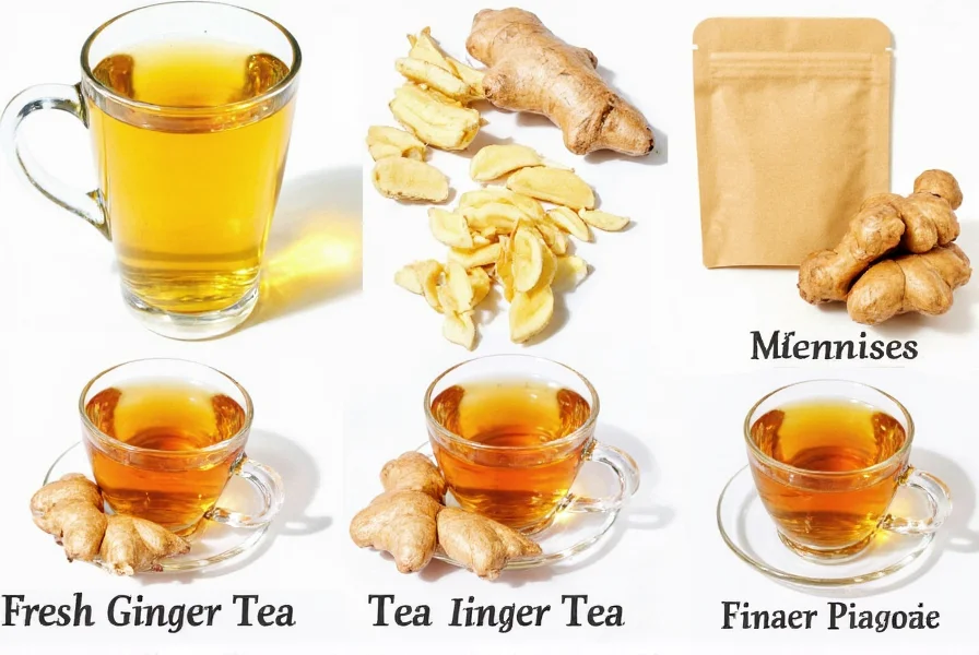 Variety of ginger tea preparations including fresh ginger slices, dried ginger pieces, and tea bags for inflammation management