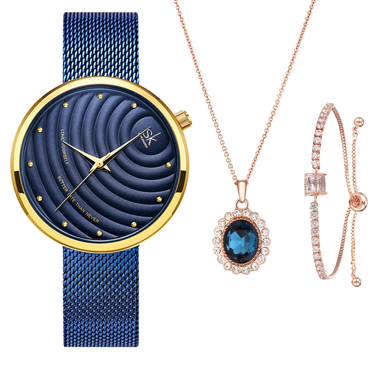 

Shengke 2021 New Fashion Ladies Watches Set Alloy Case Steel Mesh Band Blue Wristwatch Gift Set Earing Necklace Accessory
