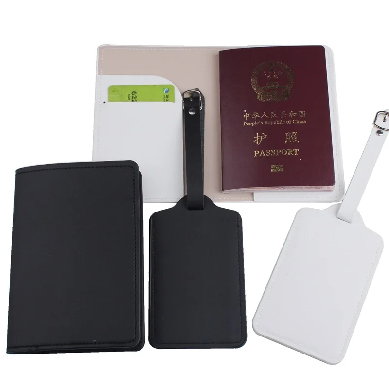 

atinfor 2pcs Minimalist Slim Solid PU Leather Fashion Creative Passport Holder Luggage Tag Set Passport Cover Black And White